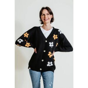 Simply Southern Groovy Daisy Print Black Floral Cardigan Size Small
